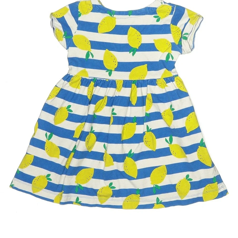 Mini Boden Girls Lemon Print Dress Blue White Striped Summer Outfit Cute Sz 4-5